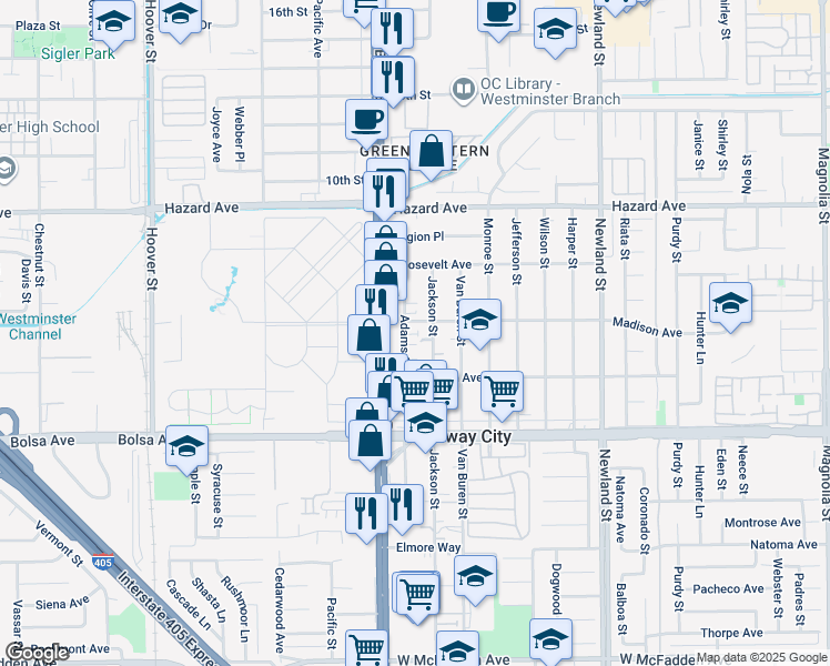 map of restaurants, bars, coffee shops, grocery stores, and more near 14732 Adams Street in Midway City
