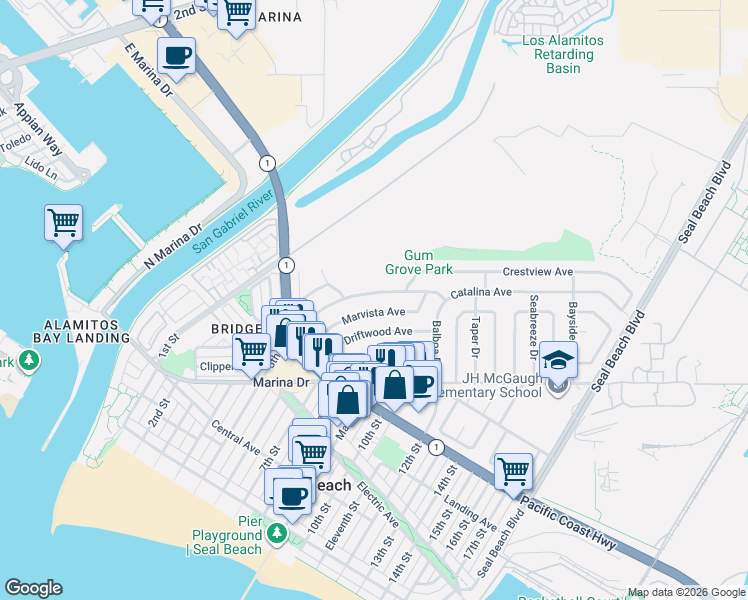 map of restaurants, bars, coffee shops, grocery stores, and more near 915 Catalina Avenue in Seal Beach