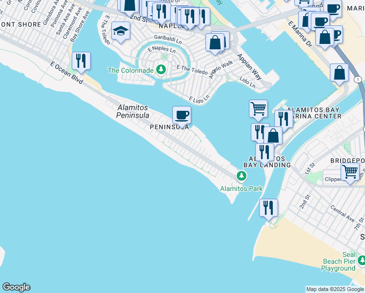 map of restaurants, bars, coffee shops, grocery stores, and more near 53 63rd Place in Long Beach