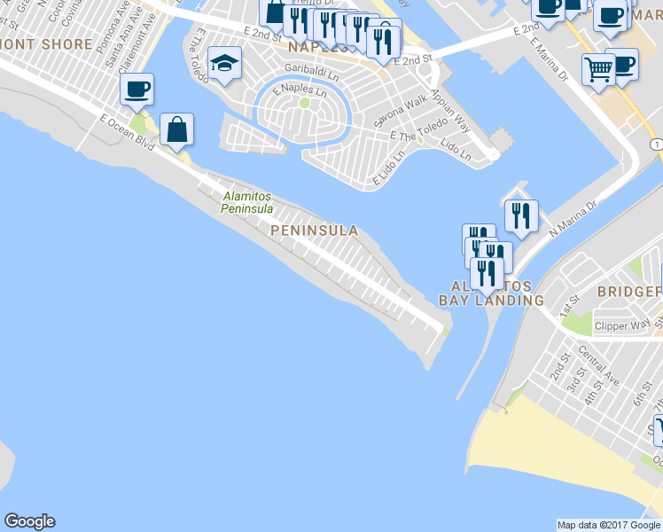 map of restaurants, bars, coffee shops, grocery stores, and more near 53 63rd Place in Long Beach