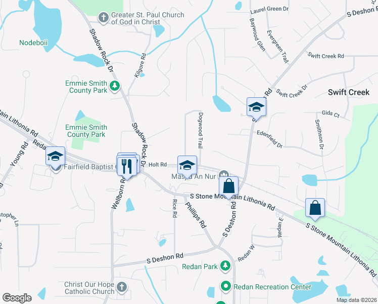 map of restaurants, bars, coffee shops, grocery stores, and more near 6241 Dogwood Trail in Lithonia