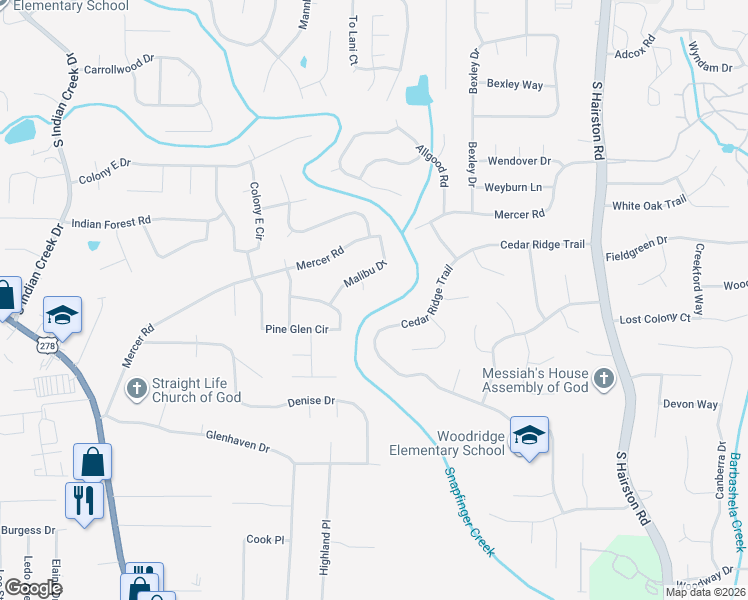 map of restaurants, bars, coffee shops, grocery stores, and more near 1508 Malibu Court in Decatur