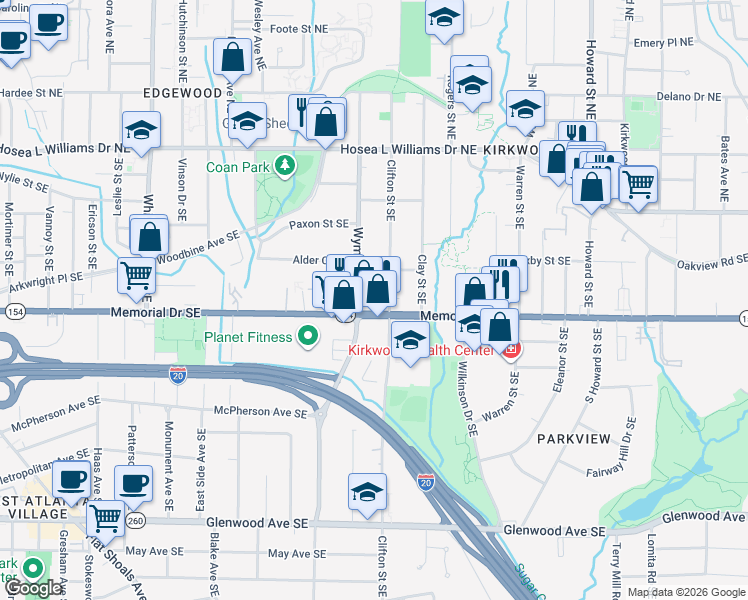 map of restaurants, bars, coffee shops, grocery stores, and more near 1684 Memorial Drive Southeast in Atlanta