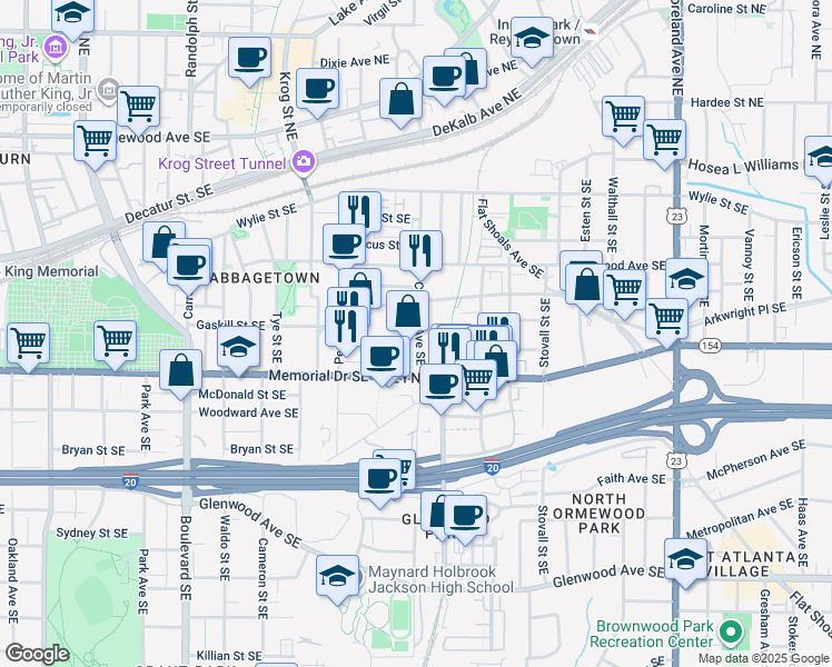 map of restaurants, bars, coffee shops, grocery stores, and more near 215 Chester Avenue Southeast in Atlanta