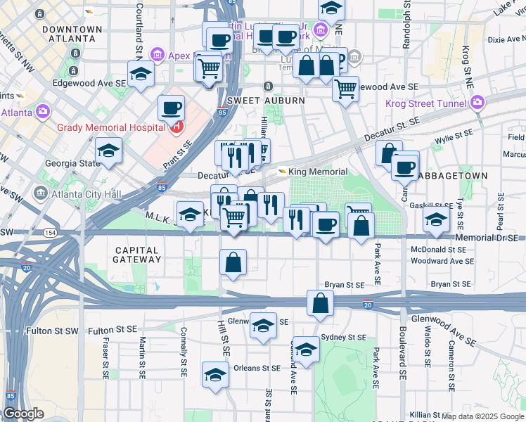 map of restaurants, bars, coffee shops, grocery stores, and more near 239 Grant Street Southeast in Atlanta