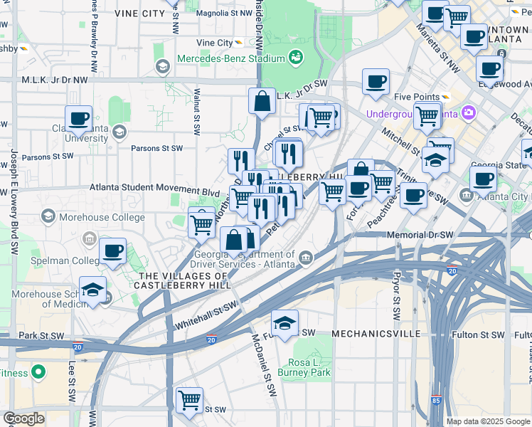 map of restaurants, bars, coffee shops, grocery stores, and more near 3 Fair Street Southwest in Atlanta