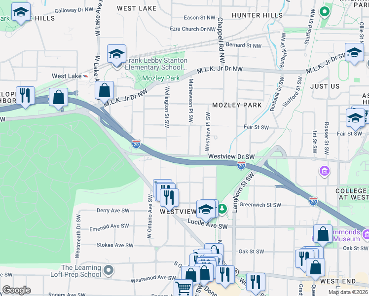 map of restaurants, bars, coffee shops, grocery stores, and more near 1539 Westview Drive Southwest in Atlanta