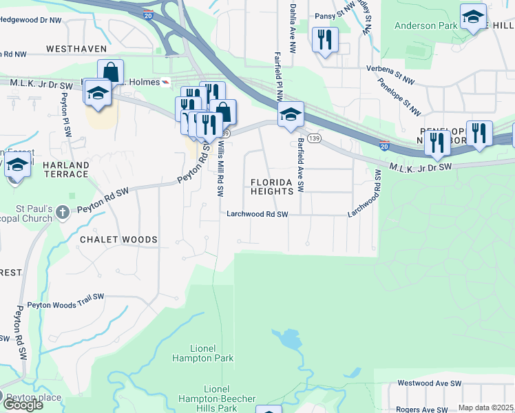 map of restaurants, bars, coffee shops, grocery stores, and more near 272 Silver Springs Circle Southwest in Atlanta