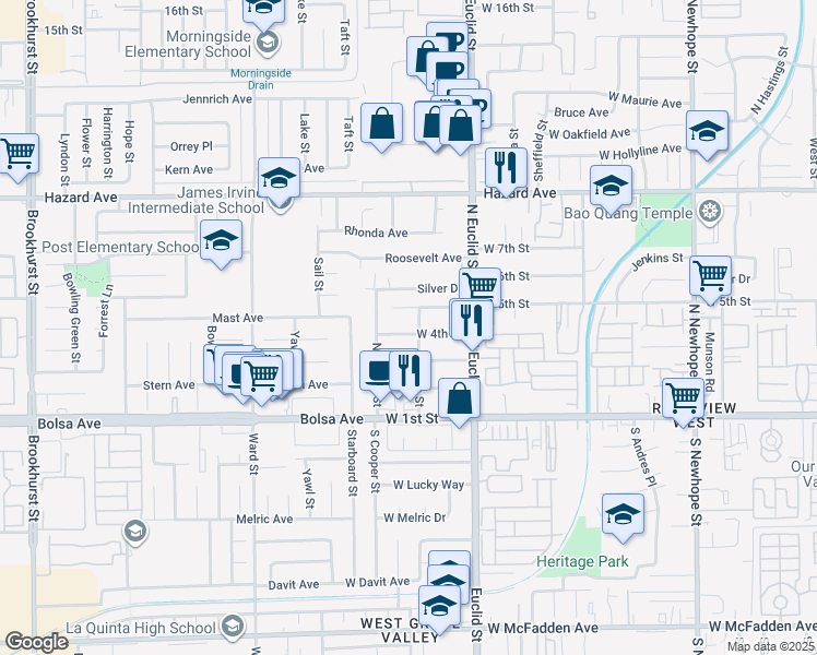 map of restaurants, bars, coffee shops, grocery stores, and more near 5405 West 4th Street in Santa Ana