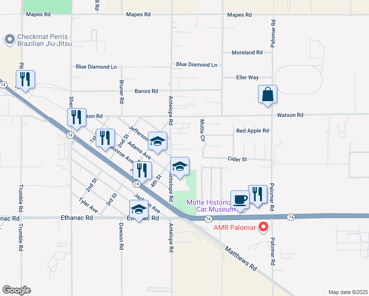 map of restaurants, bars, coffee shops, grocery stores, and more near 25650 Antelope Road in Menifee