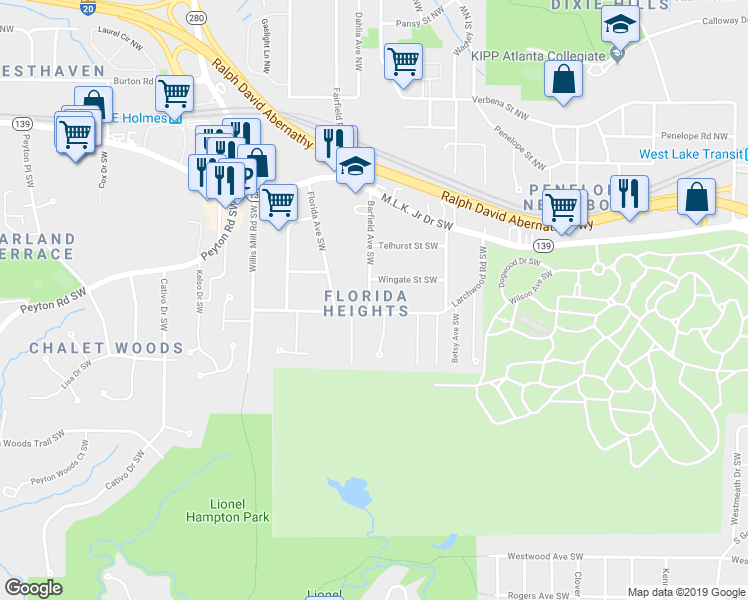 map of restaurants, bars, coffee shops, grocery stores, and more near 284 Barfield Avenue Southwest in Atlanta