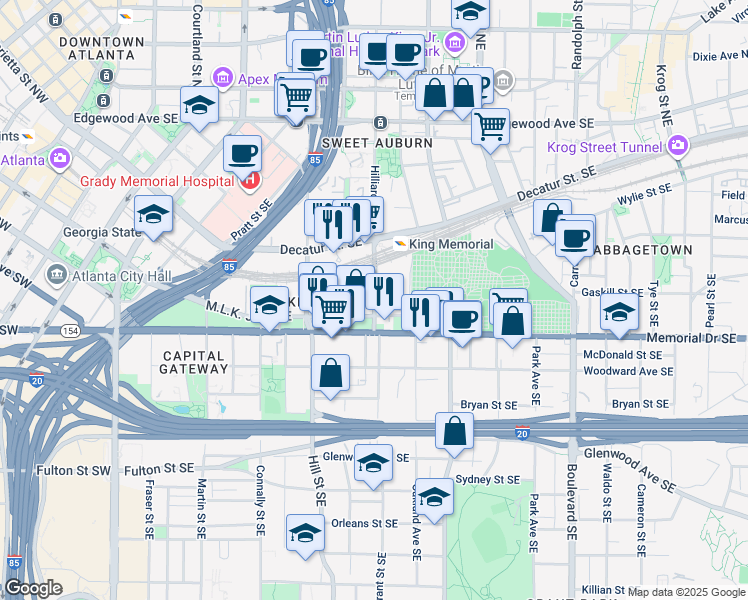 map of restaurants, bars, coffee shops, grocery stores, and more near 239 Grant Street Southeast in Atlanta