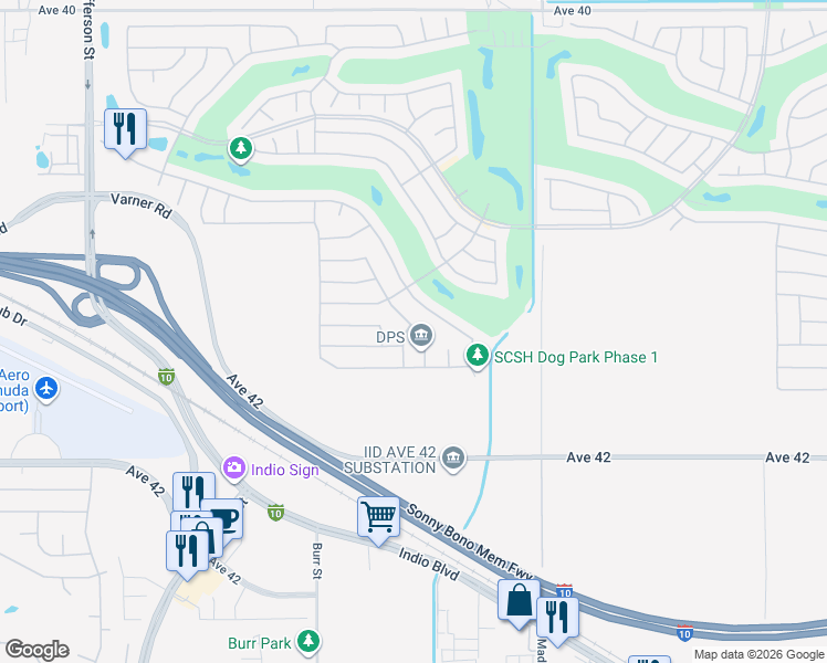map of restaurants, bars, coffee shops, grocery stores, and more near 41410 Via Arbolitos in Indio