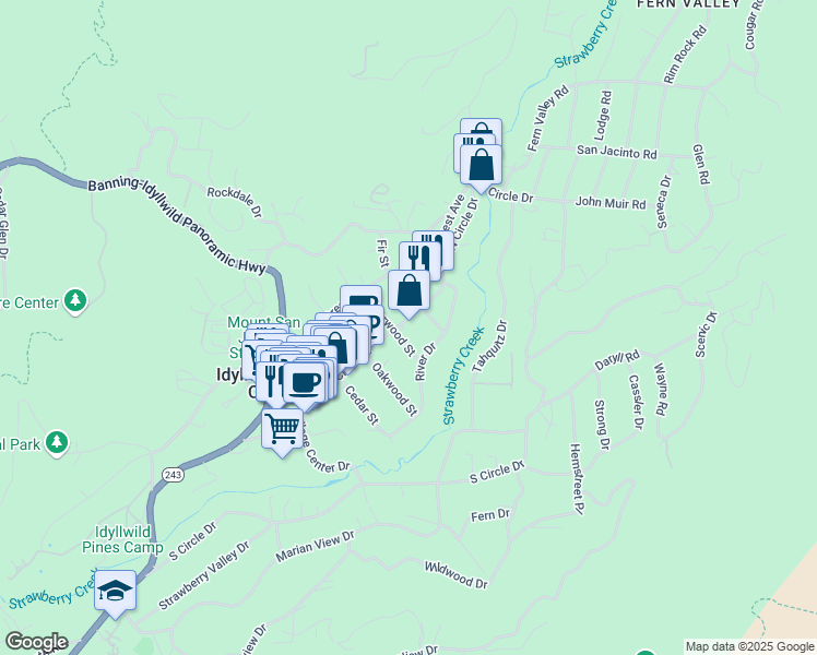 map of restaurants, bars, coffee shops, grocery stores, and more near 54585 North Circle Drive in Idyllwild-Pine Cove
