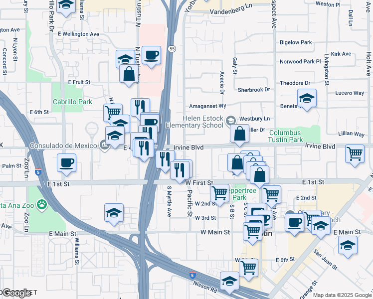 map of restaurants, bars, coffee shops, grocery stores, and more near 17332 Irvine Boulevard in Tustin