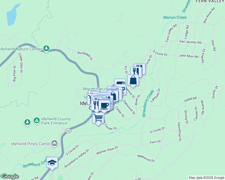 map of restaurants, bars, coffee shops, grocery stores, and more near 54405 Pine Crest Avenue in Idyllwild-Pine Cove