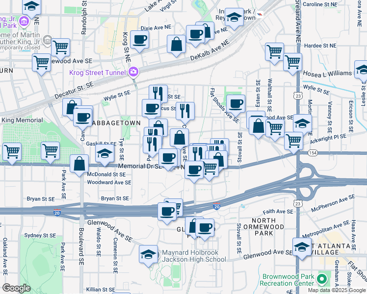 map of restaurants, bars, coffee shops, grocery stores, and more near 225 Chester Avenue Southeast in Atlanta