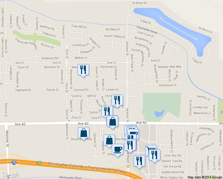 map of restaurants, bars, coffee shops, grocery stores, and more near 82947 Larsen Drive in Indio