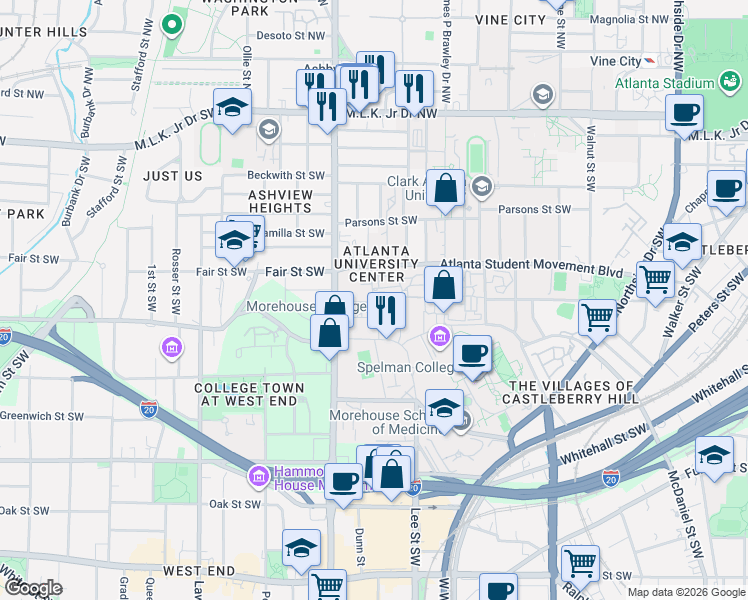 map of restaurants, bars, coffee shops, grocery stores, and more near Brown Street Southwest in Atlanta