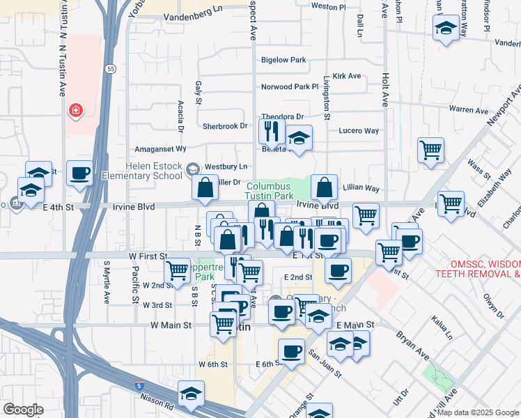 map of restaurants, bars, coffee shops, grocery stores, and more near in Tustin