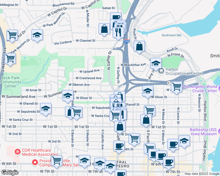 map of restaurants, bars, coffee shops, grocery stores, and more near 555 North Gaffey Street in Los Angeles