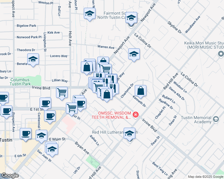 map of restaurants, bars, coffee shops, grocery stores, and more near 12951 Elizabeth Way in Tustin