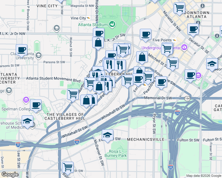 map of restaurants, bars, coffee shops, grocery stores, and more near 238 Peters Street Southwest in Atlanta