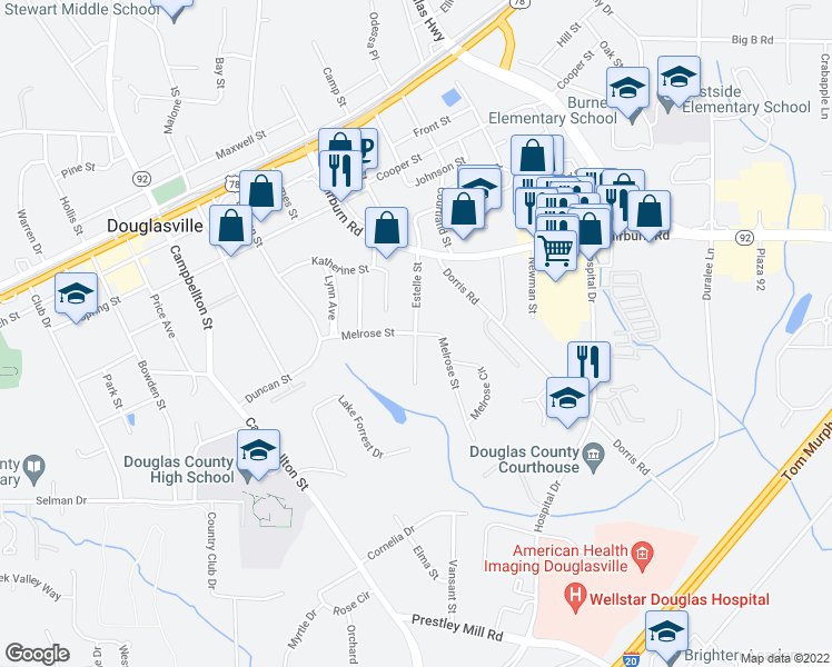 map of restaurants, bars, coffee shops, grocery stores, and more near 6330 Melrose Street in Douglasville