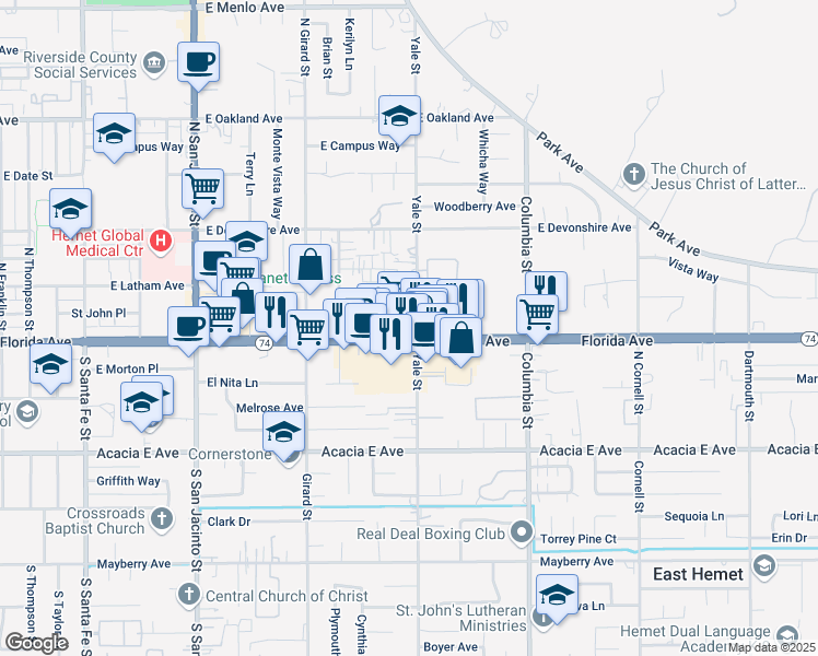map of restaurants, bars, coffee shops, grocery stores, and more near 125 North Yale Street in Hemet