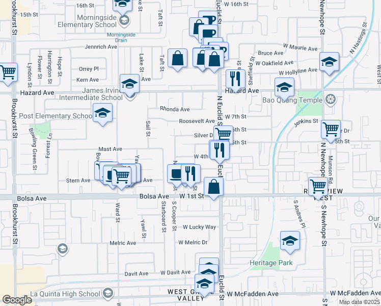 map of restaurants, bars, coffee shops, grocery stores, and more near 5405 West 4th Street in Santa Ana