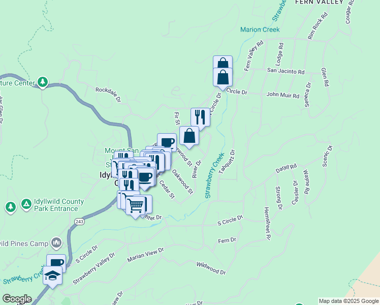 map of restaurants, bars, coffee shops, grocery stores, and more near 54585 North Circle Drive in Idyllwild-Pine Cove