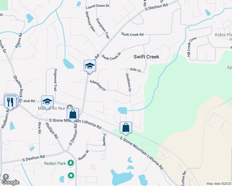 map of restaurants, bars, coffee shops, grocery stores, and more near 6418 Edenfield Drive in Lithonia