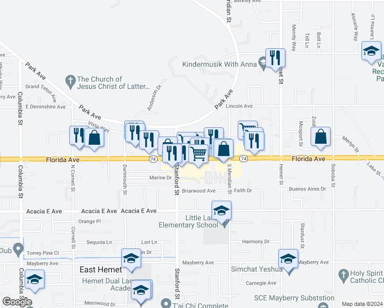 map of restaurants, bars, coffee shops, grocery stores, and more near 3766 Walnut Park Way in Hemet