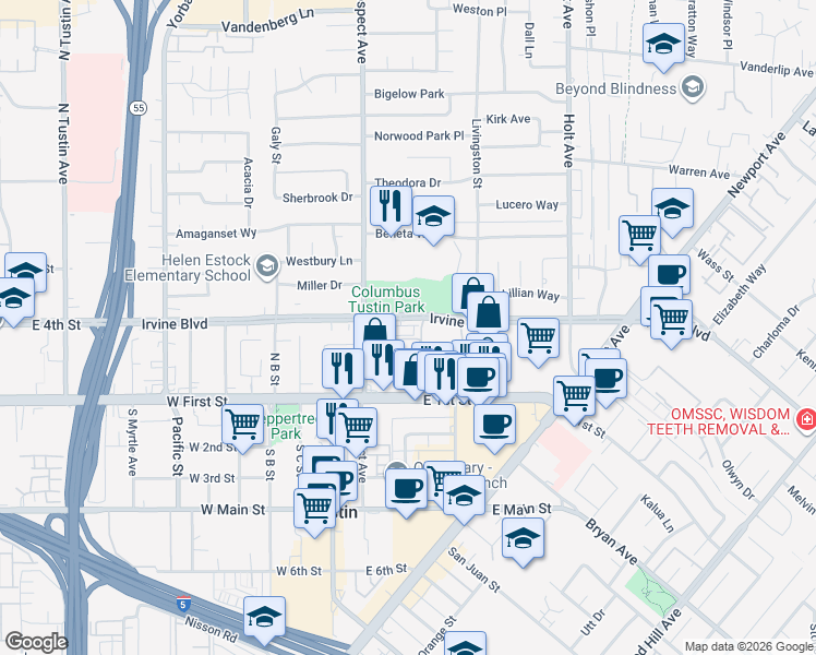 map of restaurants, bars, coffee shops, grocery stores, and more near 119 Jessup Way in Tustin