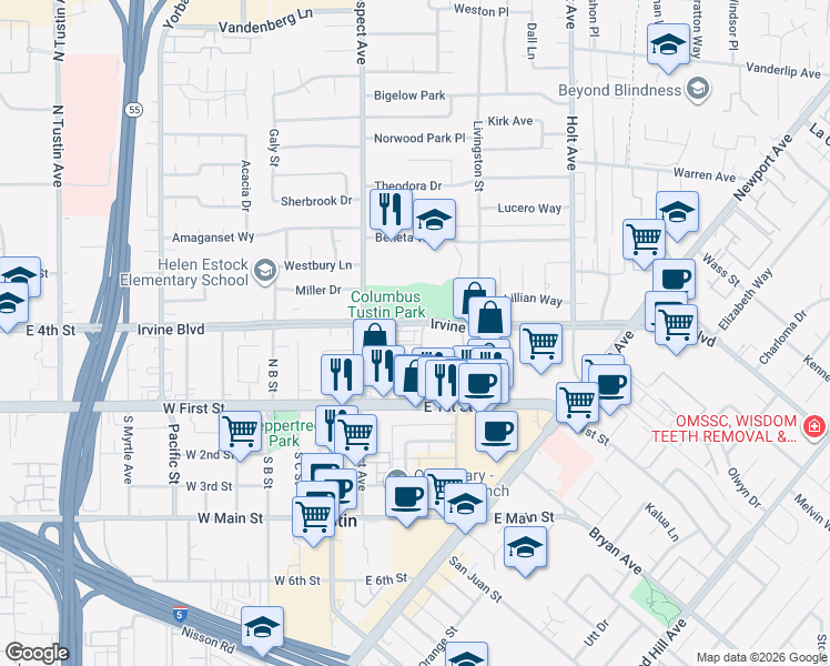 map of restaurants, bars, coffee shops, grocery stores, and more near 119 Jessup Way in Tustin