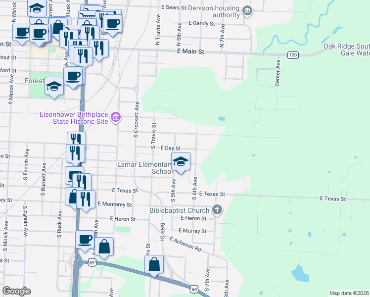 map of restaurants, bars, coffee shops, grocery stores, and more near 515 East Day Street in Denison