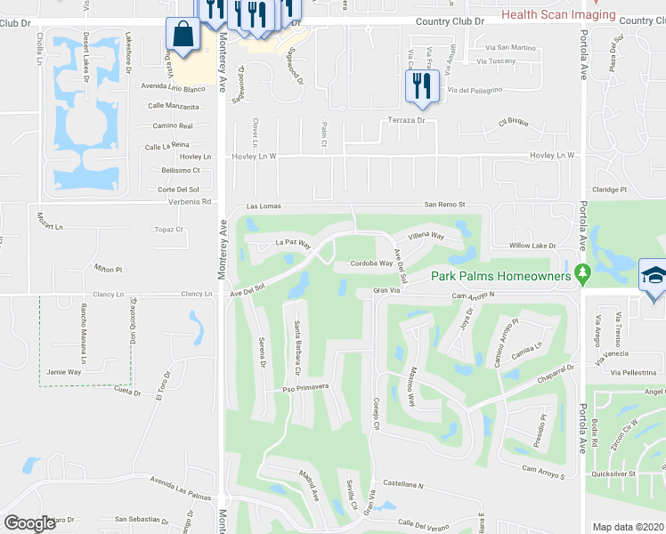 map of restaurants, bars, coffee shops, grocery stores, and more near 41502 Monterey Avenue in Palm Desert