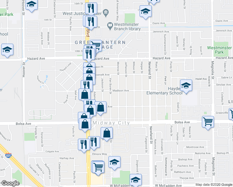 map of restaurants, bars, coffee shops, grocery stores, and more near 14751 Monroe Street in Midway City