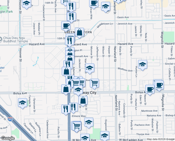 map of restaurants, bars, coffee shops, grocery stores, and more near 14731 Monroe Street in Midway City