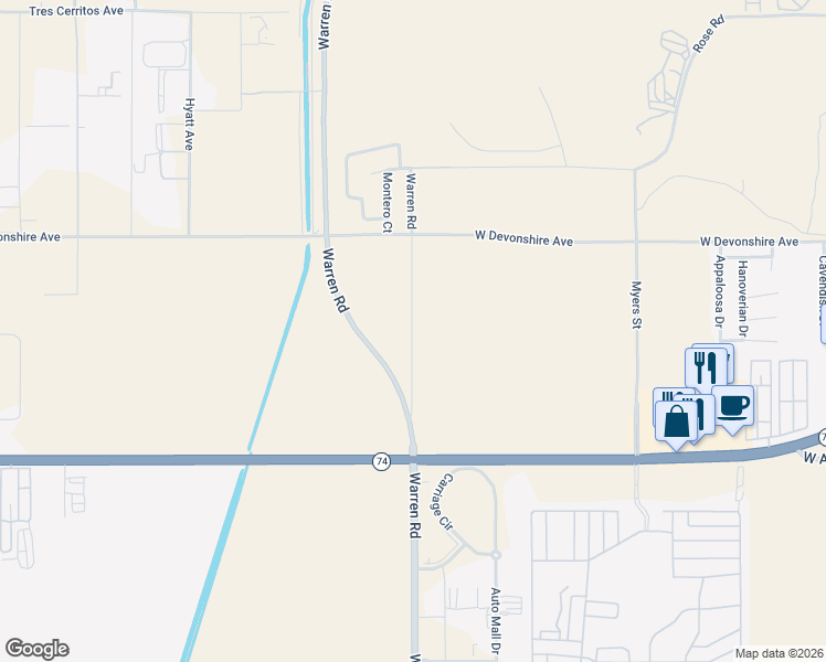 map of restaurants, bars, coffee shops, grocery stores, and more near 373 Old Warren Road in Hemet