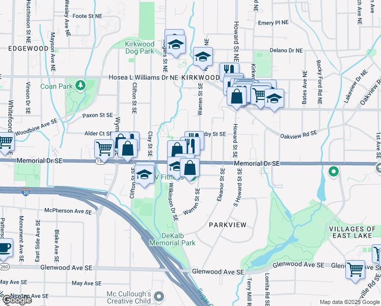 map of restaurants, bars, coffee shops, grocery stores, and more near 188 Dearborn Street Southeast in Atlanta