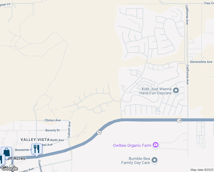 map of restaurants, bars, coffee shops, grocery stores, and more near 215 Furyk Way in Hemet