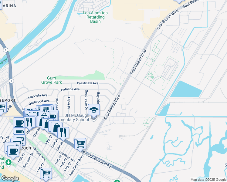 map of restaurants, bars, coffee shops, grocery stores, and more near 1725 Catalina Avenue in Seal Beach