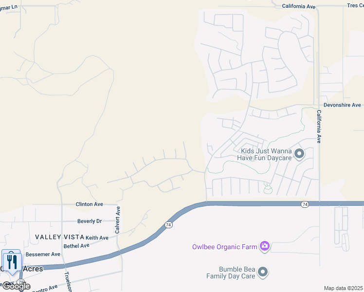 map of restaurants, bars, coffee shops, grocery stores, and more near 215 Furyk Way in Hemet