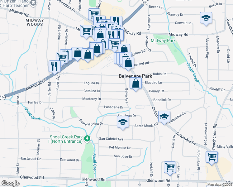 map of restaurants, bars, coffee shops, grocery stores, and more near 3002 Catalina Drive in Decatur