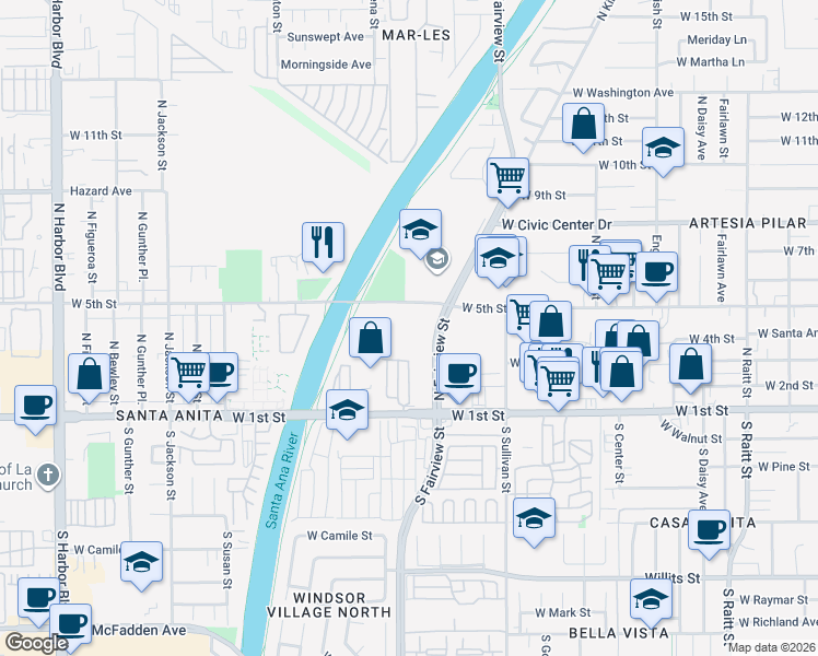 map of restaurants, bars, coffee shops, grocery stores, and more near 2722 West 5th Street in Santa Ana