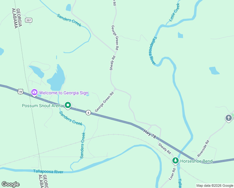 map of restaurants, bars, coffee shops, grocery stores, and more near 119-127 George Green Road in Tallapoosa