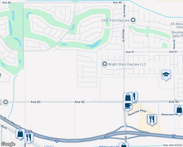 map of restaurants, bars, coffee shops, grocery stores, and more near 81673 Avenida Alturas in Indio