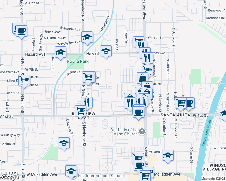 map of restaurants, bars, coffee shops, grocery stores, and more near 4120 West 5th Street in Santa Ana
