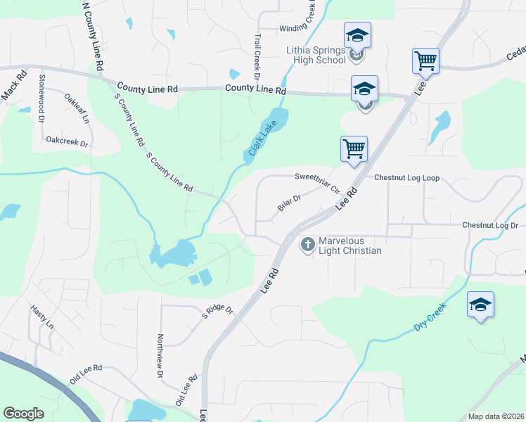 map of restaurants, bars, coffee shops, grocery stores, and more near 3681 Briar Drive in Lithia Springs